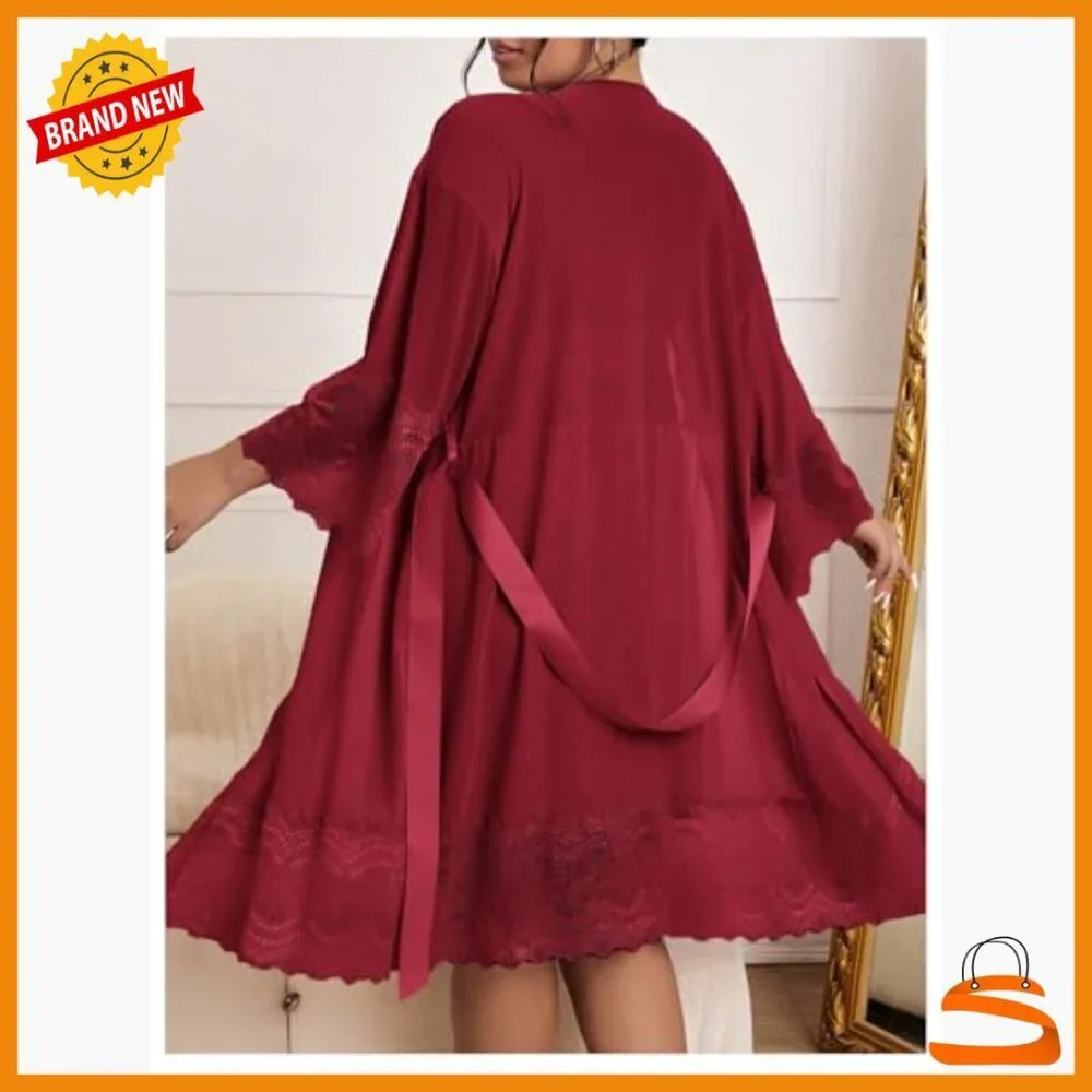 Plus Size Lace Cami Nightgown & Robe Pajama Set, V-Neck, Polyester Blend